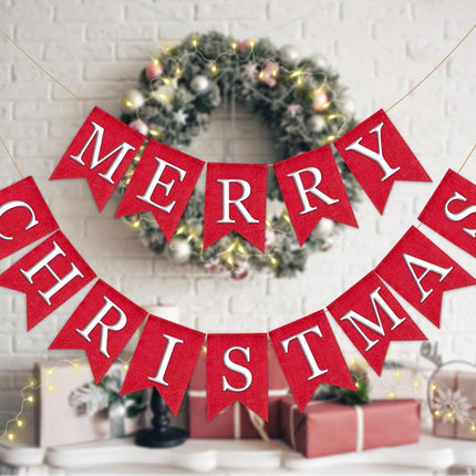 Whaline 2Pcs Christmas Burlap Banner Felt Merry Christmas Banner Red White Xmas Bunting Garland Pre-Assembled Celebration Hanging Decorations for Home Party Decoration