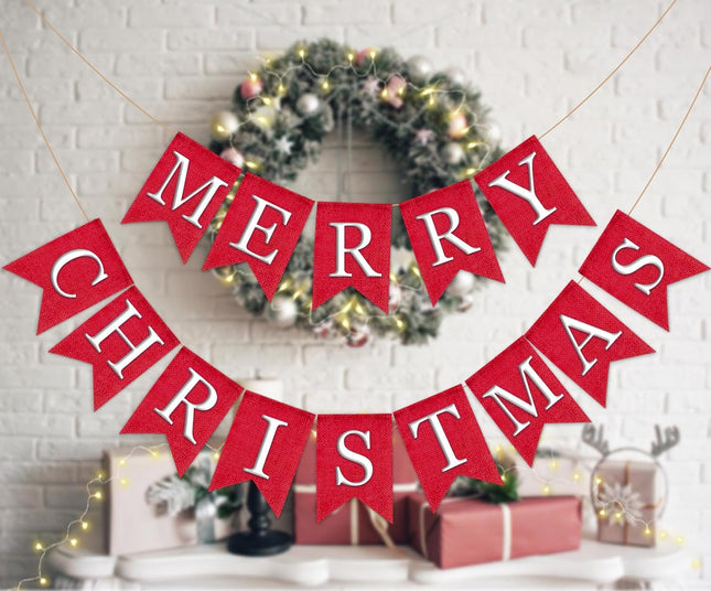 Whaline 2Pcs Christmas Burlap Banner Felt Merry Christmas Banner Red White Xmas Bunting Garland Pre-Assembled Celebration Hanging Decorations for Home Party Decoration