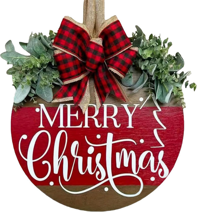 Merry Christmas Wreath Hanging Sign for Front Door, Wooden Welcome Wreaths Sign with Bow for Holiday Rustic Farmhouse Outdoor Wall Window Decor (Merry Christmas)