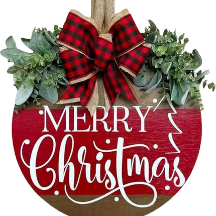 Merry Christmas Hanging Sign for Front Door, Wooden Welcome Wreath with Bow for Holiday Rustic Farmhouse Outdoor Wall Window Decor (Merry Christmas Wreath)