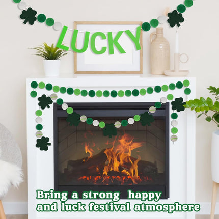 3PCS St Patrick's Day Felt Ball Garlands with Shamrock,Green/Dark Green/White Pom Pom Garland 6.6FT Felt Ball Garland Banner Hanging Decoration,Irish Themed Party Favors for Home Fireplace Mantle
