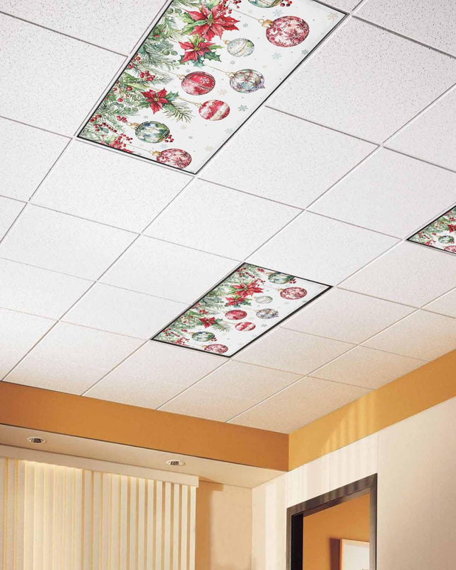 Christmas Balls Fluorescent Light Covers for Ceiling Lights Poinsettia Magnetic Light Filters 4 Pack 4x2 ft Holly Berry Ceiling Light Cover for Classroom Office School Home Xmas Holiday Lamp Decor