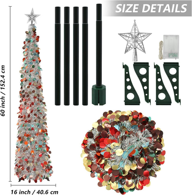 5FT Pop Up Christmas Tinsel Tree with 2 Modes 50 LED Lights and Colorful Sequins Ornaments, Easy-Assemble and Store for Xmas Home Holiday Fireplace Party Decorations (Silver)
