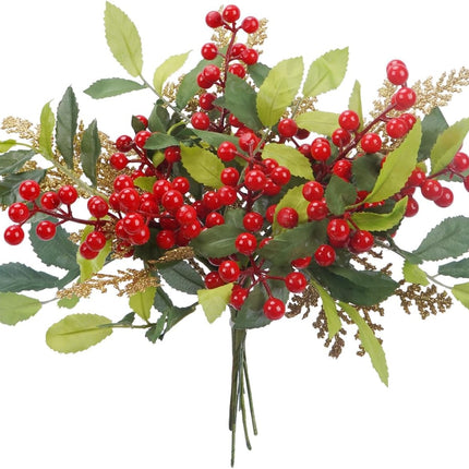 8 Pcs Christmas Sprigs Red Berry Picks with Gold Glitter Pine Branch 9.8" Faux Fake Holly Berries Stems for Tree DIY Craft Garland Home Decor