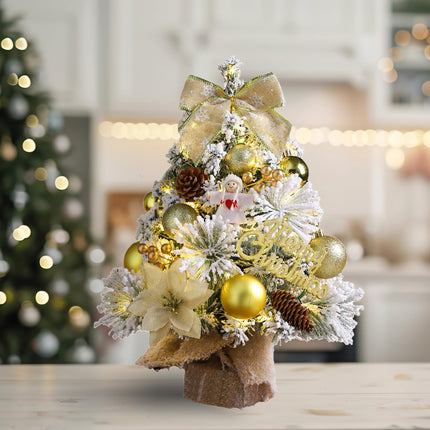 18 inch Gold Snow Flocked Tabletop Christmas Tree Glowing Mini Artificial Christmas Trees with Angel Christmas Balls Ornaments Bow Berries Pine Cones DIY Xmas Tree Winter Table Centerpieces