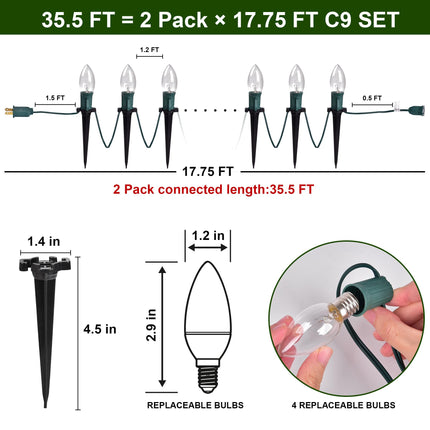 C9 Christmas Pathway Lights Outdoor 30.75 FT Sidewalk Lights with Marker Stakes, 24 Connectable Waterproof Walkway Christmas Lights for Outdoor Lawn, Christmas Yard Decorations, Warm White, 2 Pack