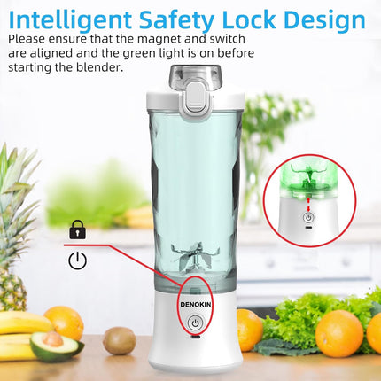 DENOKIN Portable Blender, Shakes and Smoothies Cordless Personal Size Blender 20oz with 6 Blade and a Travel Lid (Apple White)