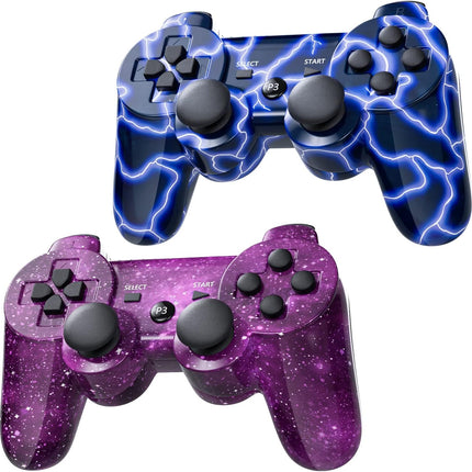 PS3 Controller 2 Pack Wireless Motion Sense Dual Vibration Upgraded Gaming Controller for Sony Play Station 3 with Charging Cord (Blue+Purple)