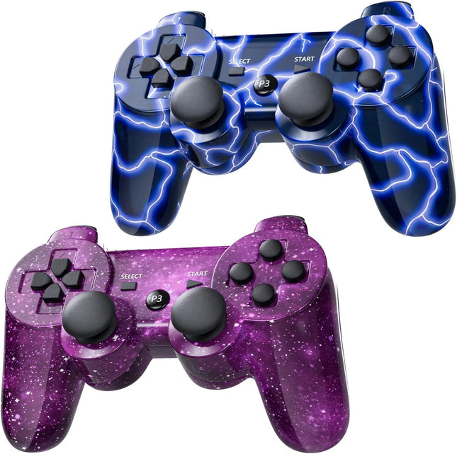 PS3 Controller 2 Pack Wireless Motion Sense Dual Vibration Upgraded Gaming Controller for Sony Play Station 3 with Charging Cord (Blue+Purple)