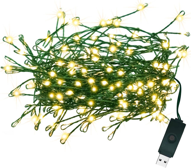 USB Fairy Lights Plug in, Outdoor Twinkle Firecracker String Lights with Timer and 8 Modes, 10ft 100 LED Waterproof Cluster Lights for Indoor Christmas Wreath Party Wedding Decoration, Warm White