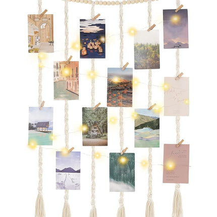 Mkono Macrame Hanging Photo Display Wall Decor with String Lights, Boho Wooden Beads Garland Collage Picture Card Frame Holder with 45 Clips for Bedroom Living Room Dorm, Teen Girls Christmas s