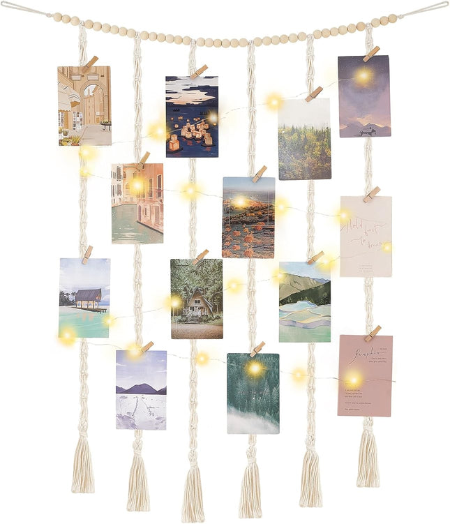 Mkono Macrame Hanging Photo Display Wall Decor with String Lights, Boho Wooden Beads Garland Collage Picture Card Frame Holder with 45 Clips for Bedroom Living Room Dorm, Teen Girls Christmas s