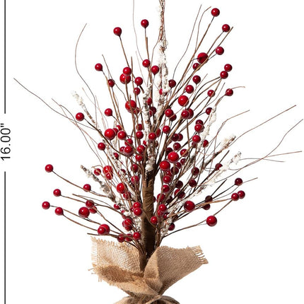 Glitzhome 16”H Christmas Red Berries Table Tree with Burlap Base, Decorative Berries Tree Table Centerpiece for Christmas, Artificial Table Tree Decor for Xmas Party Festival Home Decor