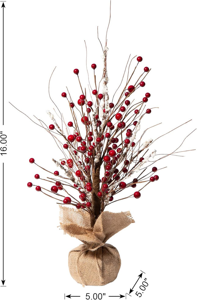 Glitzhome 16”H Christmas Red Berries Table Tree with Burlap Base, Decorative Berries Tree Table Centerpiece for Christmas, Artificial Table Tree Decor for Xmas Party Festival Home Decor