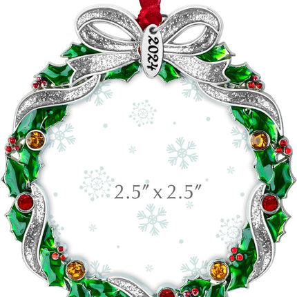 Christmas Tree Ornament Picture Frame Metal Hanging Pendant Holiday 2.5" Photo Frame Charm Decorative of Pets, Baby First Christmas, Family ( Christmas Wreath)