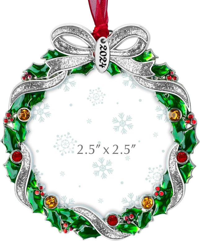 Christmas Tree Ornament Picture Frame Metal Hanging Pendant Holiday 2.5" Photo Frame Charm Decorative of Pets, Baby First Christmas, Family ( Christmas Wreath)
