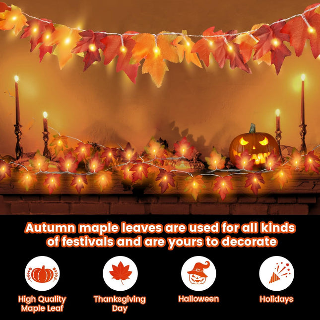 Fall String Lights Thanksgiving Decorations: 6 Pack Maple Leaf Garland with Lights Total 60ft 120 LED Orange Bulbs Battery Operated Fall Decor for Home Indoor Outdoor Room Autumn Harvest Halloween