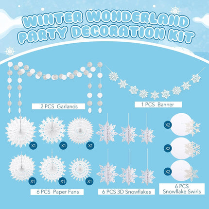 21 Pcs Winter Hanging Snowflake Decorations Paper Snowflake Garland Snowflake Banner Swirls Paper Fans for Wonderland Party Winter Christmas Birthday Decorations(White,Classic)