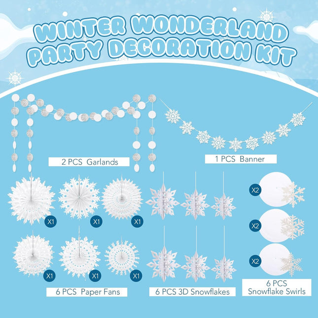 21 Pcs Winter Hanging Snowflake Decorations Paper Snowflake Garland Snowflake Banner Swirls Paper Fans for Wonderland Party Winter Christmas Birthday Decorations(White,Classic)