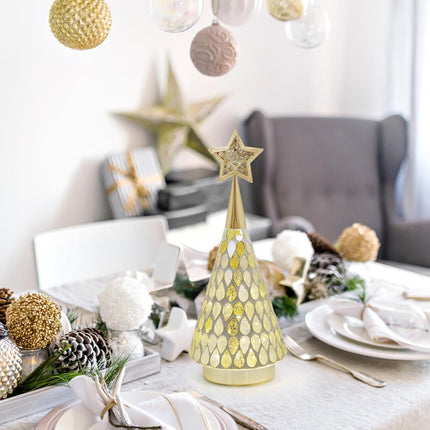 Gold Mosaic Glass Christmas Tree with Star, 2 PCS Small Tabletop Christmas Trees with Light, Battery Operated Xmas Tree for Mantel Decor 11"