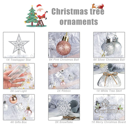 20" Mini White Christmas Tree, Artificial Mini Christmas Tree with Lights, Tabletop Christmas Tree with Star Treetop Snowflake Boxes and Ball Ornaments for DIY Christmas Decoration(White)