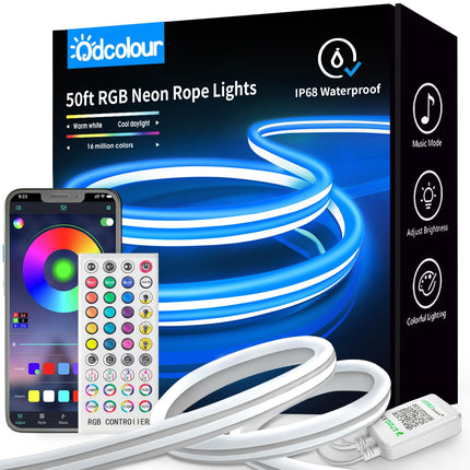 50ft Neon Rope RGB Lights, IP68 Waterproof Flexible Neon Lights, LED Strip Lights for Bedroom, Room Decor for Christmas, Outdoors, Pool 1 Roll A