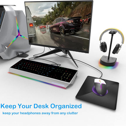 RGB Headphone Stand with USB Charging Port or Hub, Desk Gaming Headset Holder, Durable Hanger Rack Suitable for Desktop Table, Game,Earphone, PC, Gamer Accessories (Black)