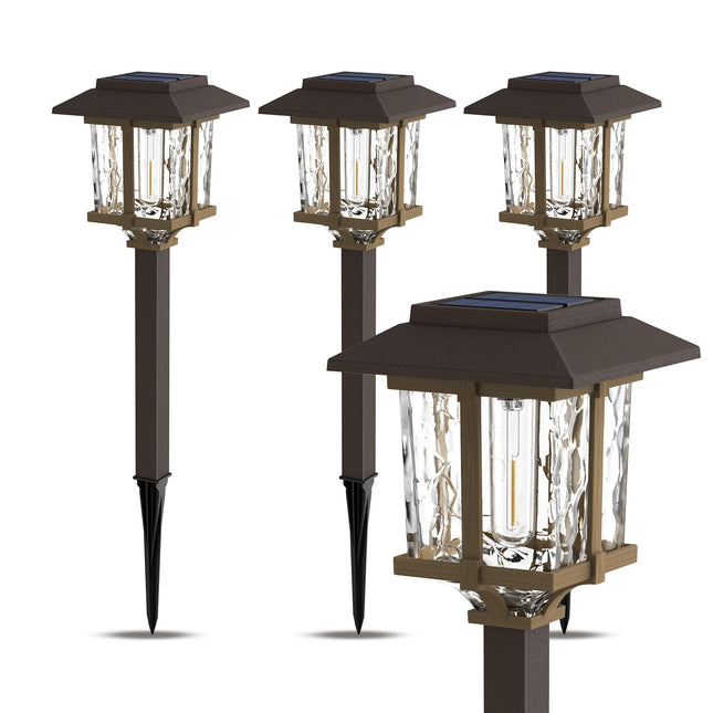 XMCOSY+ Solar Outdoor Lights 15 LM Garden Lights with Metal Glass, 2-Tone Bronze & Wood (Color) Pathway Lights, IP65 Waterproof LED Lighting for Yard Landscape Walkway Driveway (4 Pack, Warm White)