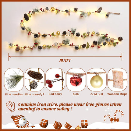 Christmas Garland with Lights 16.4FT 150 LED Christmas Wreath Lights 8 Modes Pine Cone Battery Operated Fairy Lights with Remote USB Twinkle Lights for Christmas Tree Mantle Stairs Table Door Decor