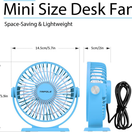 Tripole Usb Powered Desk Fan Small Personal Fan 3 Speeds Strong Airflow Mini Fan 360°Rotation Portable Fan 5.1 Inch Table Fan