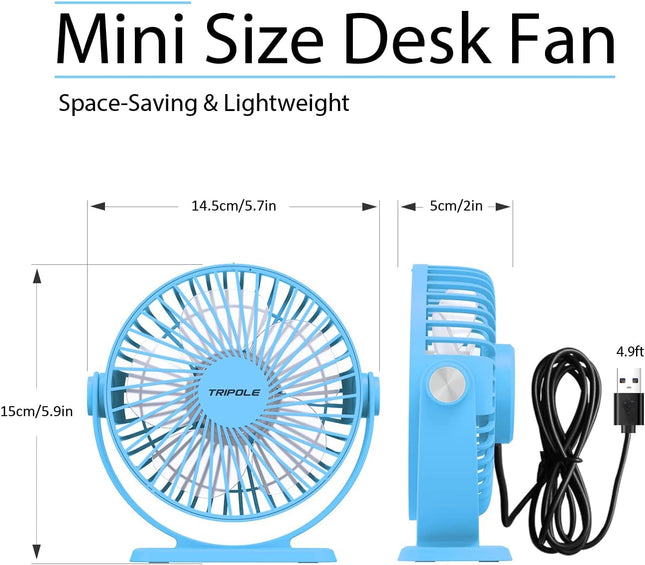 Tripole Usb Powered Desk Fan Small Personal Fan 3 Speeds Strong Airflow Mini Fan 360°Rotation Portable Fan 5.1 Inch Table Fan