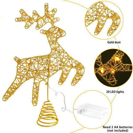 JOICEE Christmas Reindeer Tree Topper,Christmas Gold Hollow Glitter Tree Topper with LED Lights for Christmas Tree Decoration, Big Xmas Tree Top for Year Holiday Decorations.