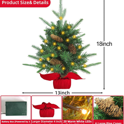 Tabletop Christmas Tree with Lights, Realistic-Feel Norfolk Pine 18 Inch Artificial Small Christmas Trees Timer 20 LED Lights Large Pine Cones, Mini Xmas Tree for Christmas Indoor Holiday Home Decor