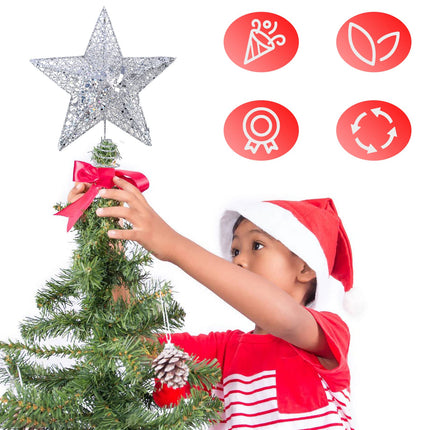 Silver Star Christmas Tree Topper Christmas Tree Star Small Star for Christmas Tree Metal Glitter Xmas Tree Topper for Pencil Christmas Trees Decorations 8 Inch