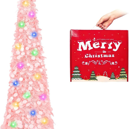 MACTING Pink Christmas Tinsel Tree with Lights, Easy-Assembly Glittery 5ft Pop up Christmas Tree for Holiday Party Winter Xmas Valentines Day Decorations