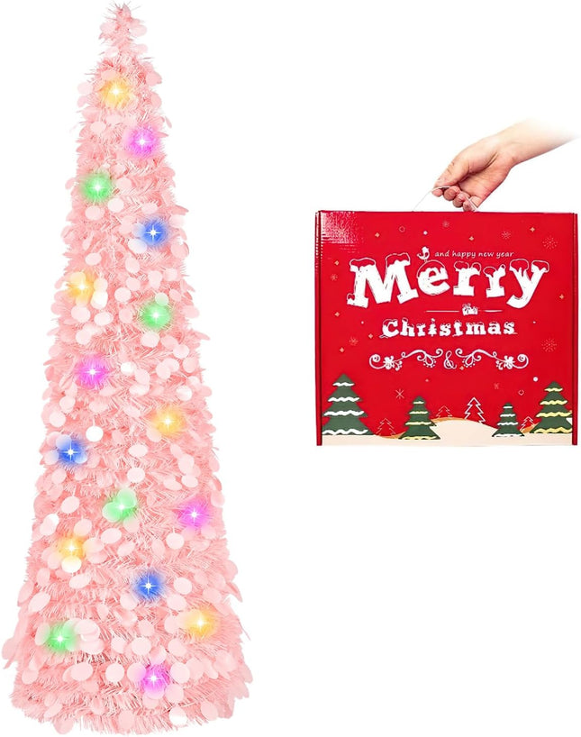 MACTING Pink Christmas Tinsel Tree with Lights, Easy-Assembly Glittery 5ft Pop up Christmas Tree for Holiday Party Winter Xmas Valentines Day Decorations
