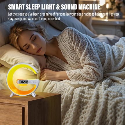 Longzhuo LED Table Lamp with Wireless Charger Atmosphere Lamp Bluetooth Speaker Alarm Clock Night Light for Bedside Dorm Office, Kids Adults Desk Table Lamp Christmas Home Decor (White)