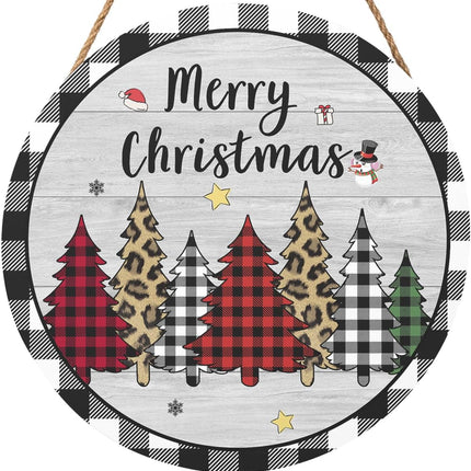 Merry Christmas Door Sign 12x12 Inch Christmas Buffalo Plaid Tree Hanging Decorations Rustic Wooden Holiday Signs Christmas Winter Decorations Sign for Home Porch Yard Christmas Year Plaque