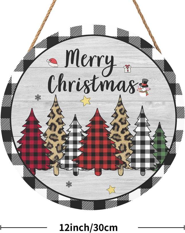 Merry Christmas Door Sign 12x12 Inch Christmas Buffalo Plaid Tree Hanging Decorations Rustic Wooden Holiday Signs Christmas Winter Decorations Sign for Home Porch Yard Christmas Year Plaque