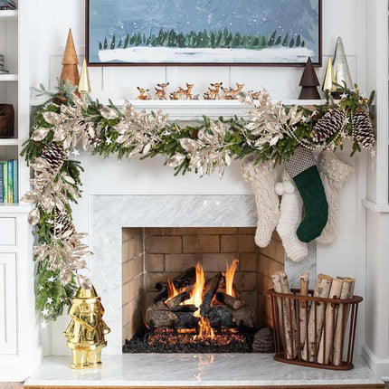 5 Pcs Fake Leaves Plants for Christmas Decor 20 Inch Metallic Gold Artificial Magnolia and Bay Leaves Faux Tropical Leaves with Stems for Holiday Decor Christmas Mantle Garland Wreath - Champagne