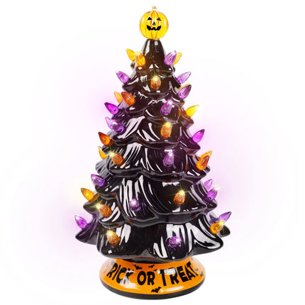 Blissun 12" Halloween Decorations Ceramic Tree, Hand-Painted Black Christmas Tree, Battery Powered Tabletop Halloween Lighted Ceramic Tree for Indoor Office Home Halloween Decorations