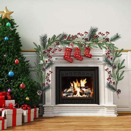 Christmas Artificial Pine Garland with Spruce Cypress Berries Frosted Pinecones Winter Greenery Garland for Holiday Season Mantel Fireplace Table Runner Centerpiece Decoration 6.6 feet