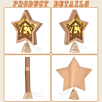 Christmas Tree Topper, Nativity Christmas Treetop Ornaments, Battery Powered LED Light Up Christmas Tree Decorations for Indoor Office Xmas Year Holiday Tree Decoration 7.87" x 9.25" (Brown)
