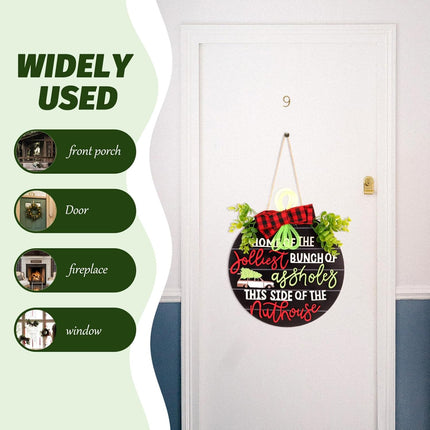 VOSAREA Christmas Hanging Sign Christmas Welcome Front Door Sign Home of The Jolliest Bunch of Plaque Wreath This Side of The Nuthouse Hanger for Holiday Decor