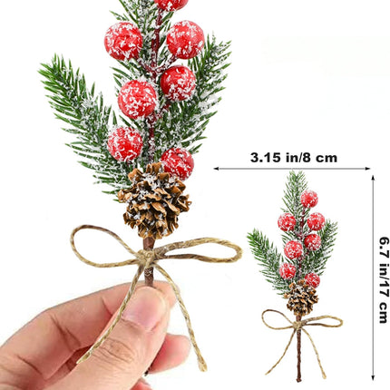 12PCS Christmas Berries Pine Cones Artificial Tree Picks Christmas Decorations with Snow Covered Evergreen Pine Branches for Holiday Family Gathering Craft Wrap Decor