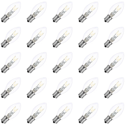 25 Pack C7 Clear Replacement Bulbs for Christmas Lights Outdoor, 5w Incandescent Bulbs, C7/E12 Base, UL Waterproof String Light Bulb for Indoor Party Holiday Christmas Decorations