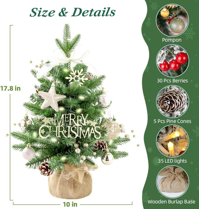 Mini 1.5ft Table top Christmas Tree, Pre-lit Artificial Mini Christmas Tree with LED Lights, Christmas Decorations for Tabletop,Home, Office, Indoor and Outdoor Holiday Decoration
