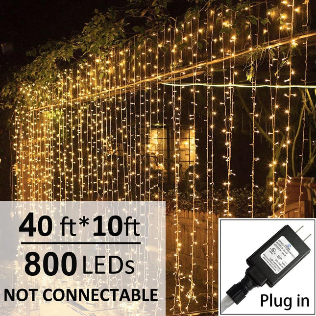 Solhice LED Curtain Lights Outdoor 40ft x10ft, 800 LED Plug in Hanging String Lights Indoor, Christmas Twinkle Lights Backdrop for Outside Backyard Patio Wedding Décor, Warm White (Not Connectable)