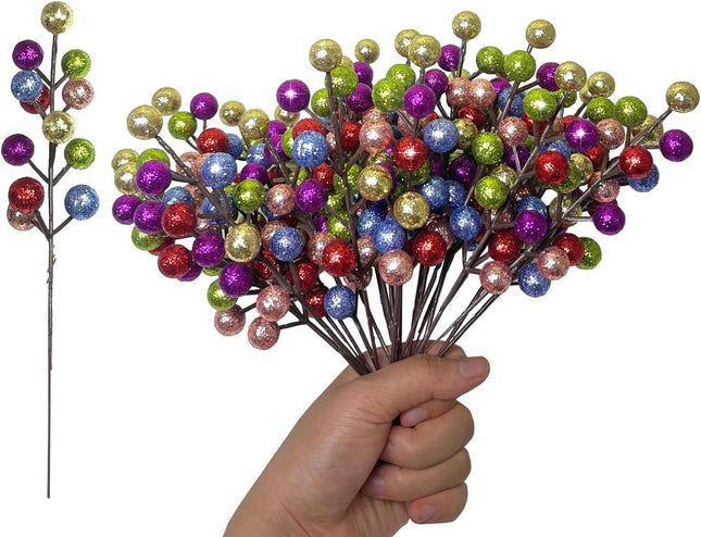 24 Pack Christmas Glitter Colorful Berries Stems for Christmas Tree Decoration,8.5" Artificial Christmas Berry Picks for Wreath DIY Crafts Garland Christmas Ornaments Decor (Colorful)