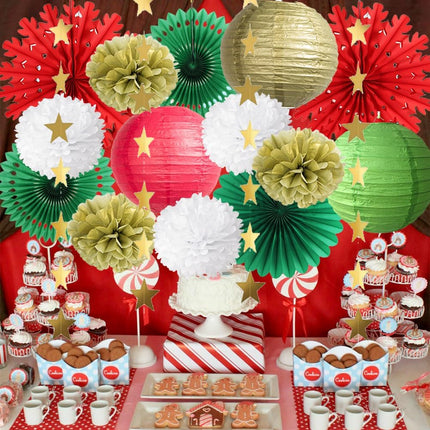 Red Green and Gold Christmas Decorations Snowflake Paper Fans Decorations Hanging Paper Lanterns Tissue Paper Pom Poms Kit with Star Garland Gold for Chritmas Party